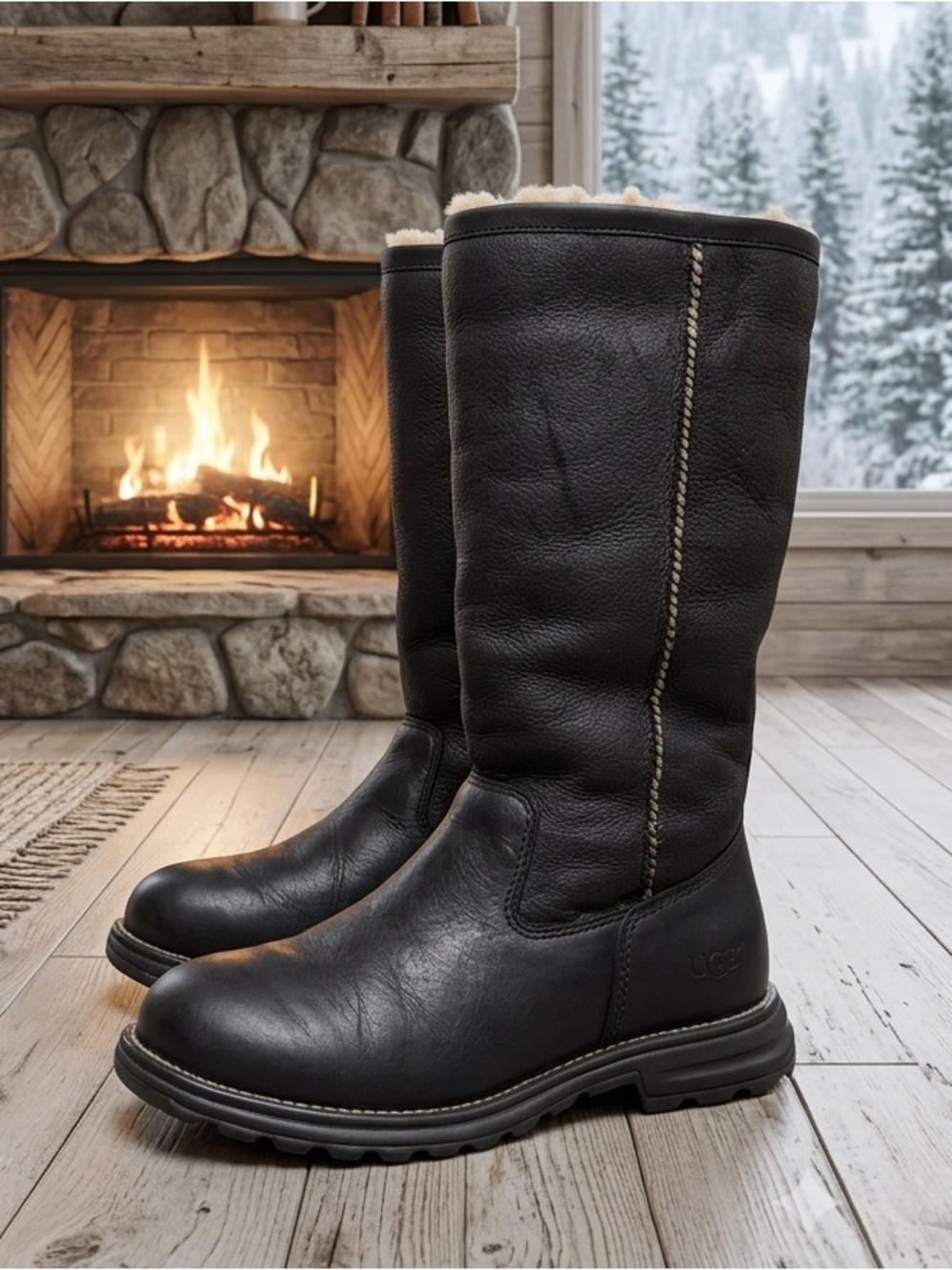 UGG® AUSTRALIA Brooks Black Sheepskin Shearling Fur Lined Boots Tall Snow Boots - Picture 2 of 12